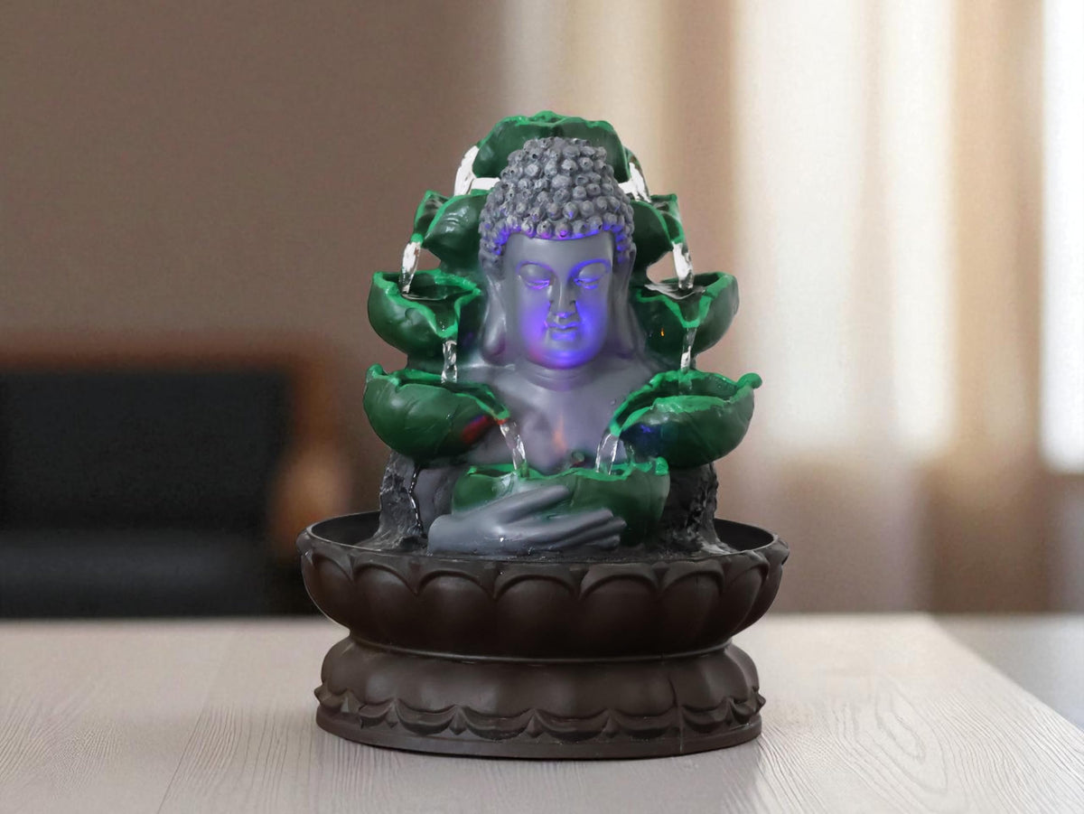KridayKraft Buddha Face Water Fountain Idol Polyresin Lotus Water Fountain Showpiece for Home Garden Living Room Decor Decoration Gift Items, 24 CM