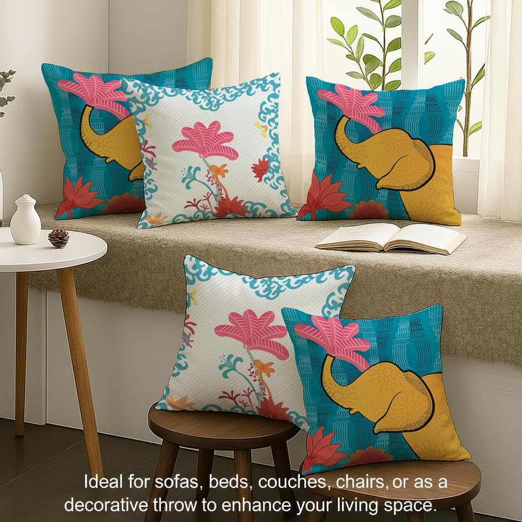 STITCHNEST Set of 5 Whimsical Wild Collection Printed Jute Cushion Covers 16x16 Inches | Decorative Throw Pillow Covers for Sofa, Living Room, Bedroom | Perfect for Home Decor