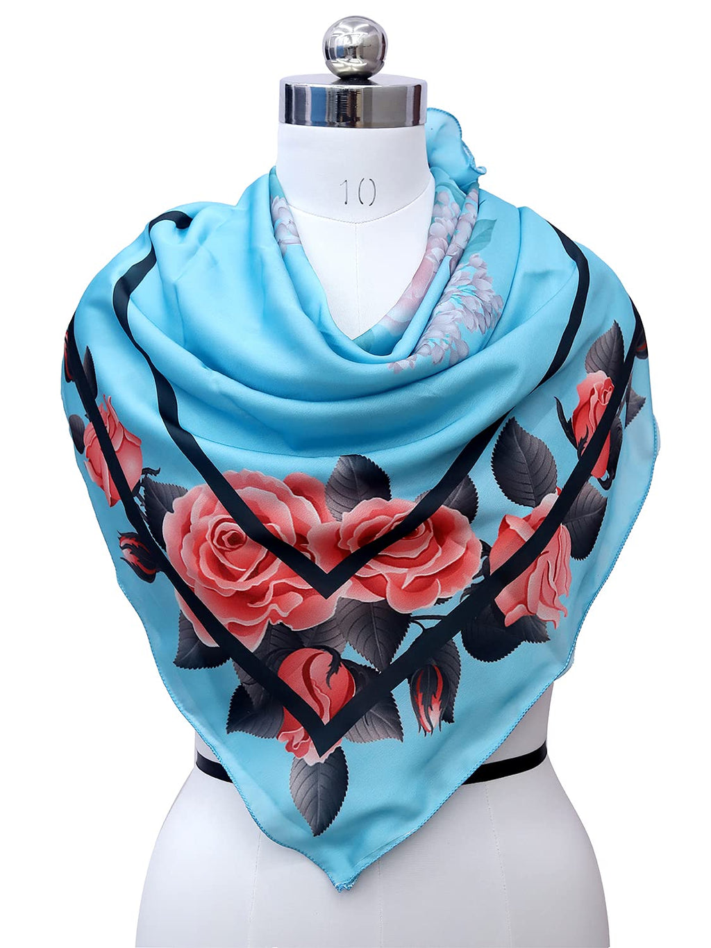 leeza store Women's Silk Scarf For Women, Sky Blue Floral Border Digital Printed, 40X40, Elegant Soft Stole & Head Wrap