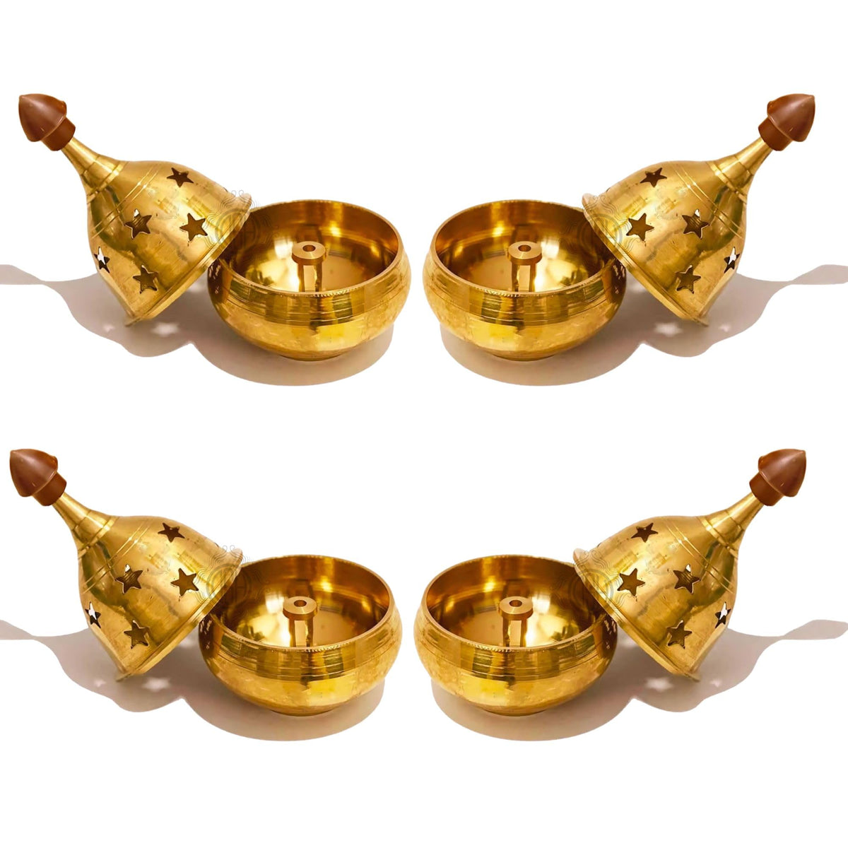 Brass Diya Pure Brass Traditional Oil Puja Lamp for Temple, Mandir, Festival Decoration, Home Decor & Diwali Gift (Star Dome, Set of 4)