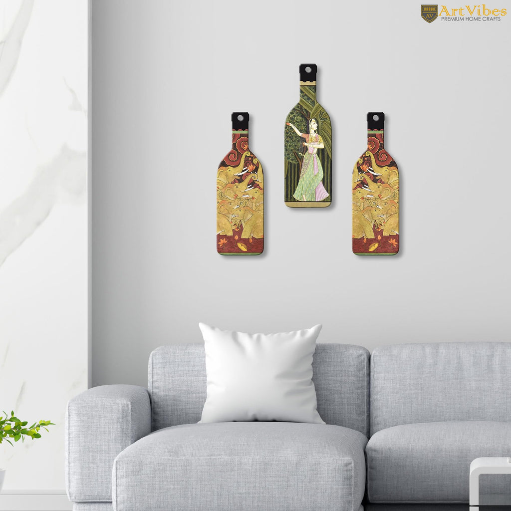 Artvibes Indian Folk Art Decor Bottle shaped Wooden Wall Hanging | Printed Wall Decoration | Scenery For Drawing Room | Wall Illustrations | Ethnic Wall Decor | Ideal Gifts (WH_9516N), Set of 3