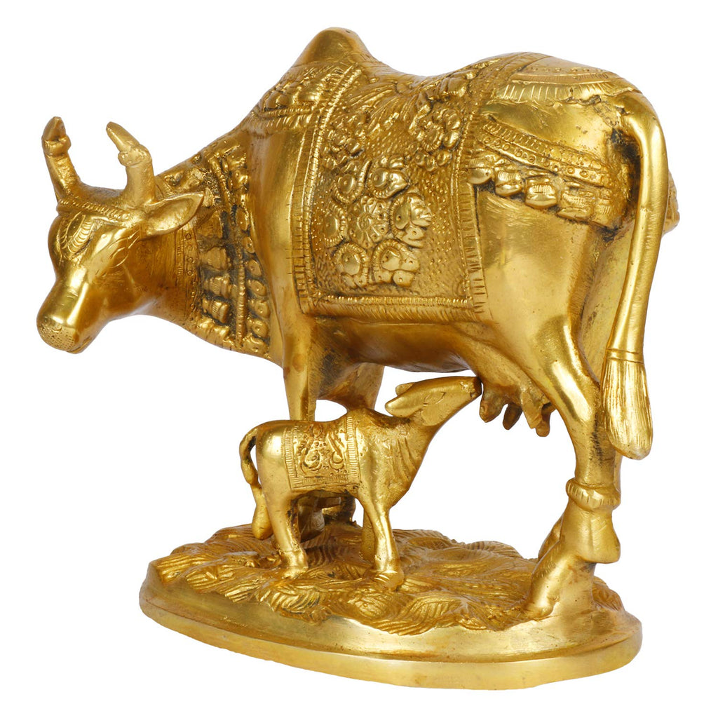 ARTVARKO Lucky Nandi Kamdhenu Cow & Calf Brass Sculpture Religious KamDhenu Cow Statue 8 Inch Gold Color 1 Pcs Standard.