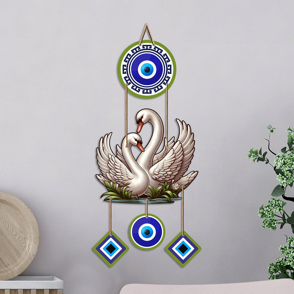 Artvibes White Swan Couple Evil Eye Wall Hanging for Home Entrance & Main Door | Decorative Nazar Battu Vastu Decor for Living Room | Bedroom | Love Harmony Positive Energy Wall Accent (WH_85128N)