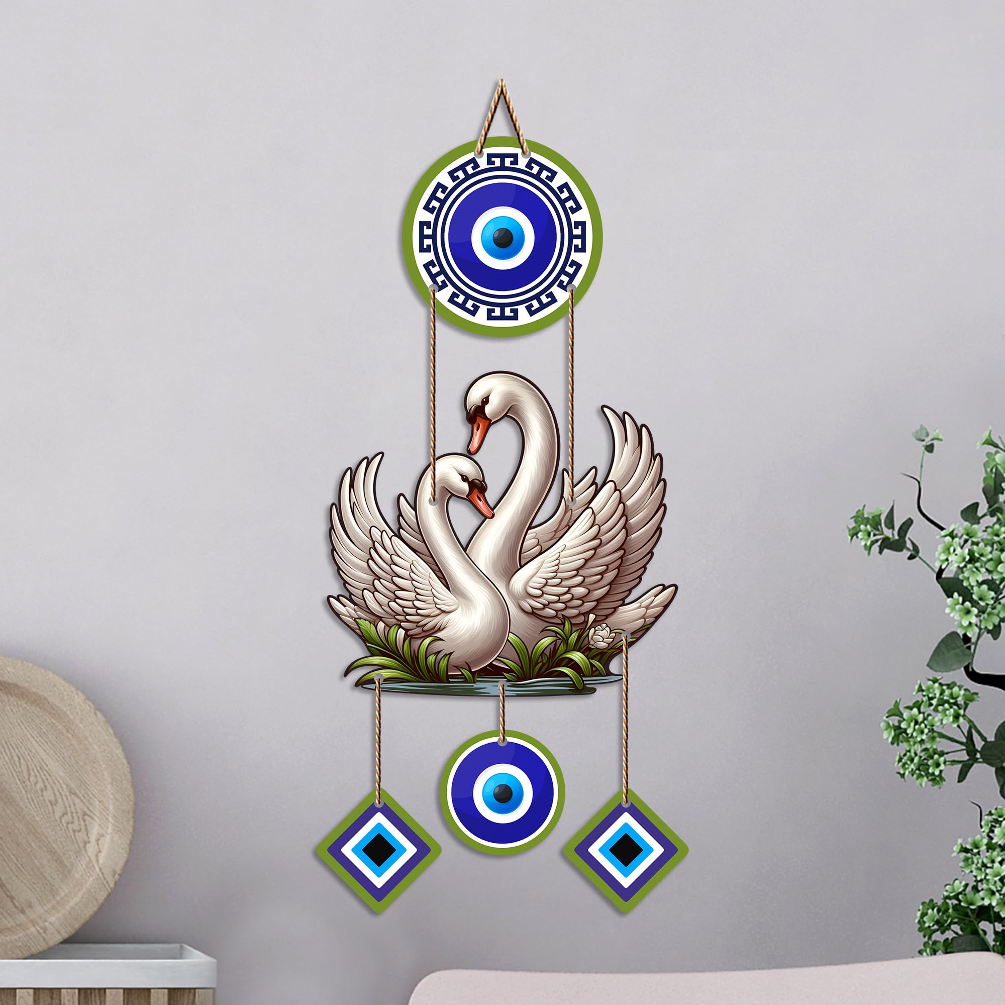 Artvibes White Swan Couple Evil Eye Wall Hanging for Home Entrance & Main Door | Decorative Nazar Battu Vastu Decor for Living Room | Bedroom | Love Harmony Positive Energy Wall Accent (WH_85128N)