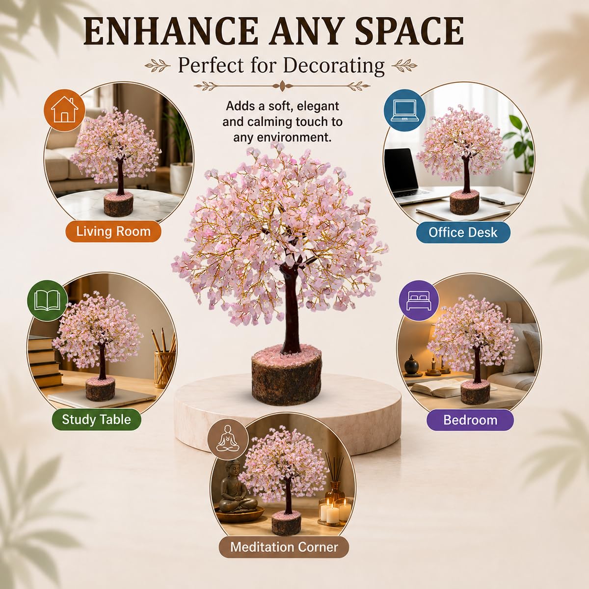 Reiki Crystal Products Rose Quartz 500 Bead Crystal Stone Tree | Natural Gemstone Money Tree for Love, Harmony, Emotional Balance & Positive Energy | Home Office Décor, Vastu & Feng Shui Gift