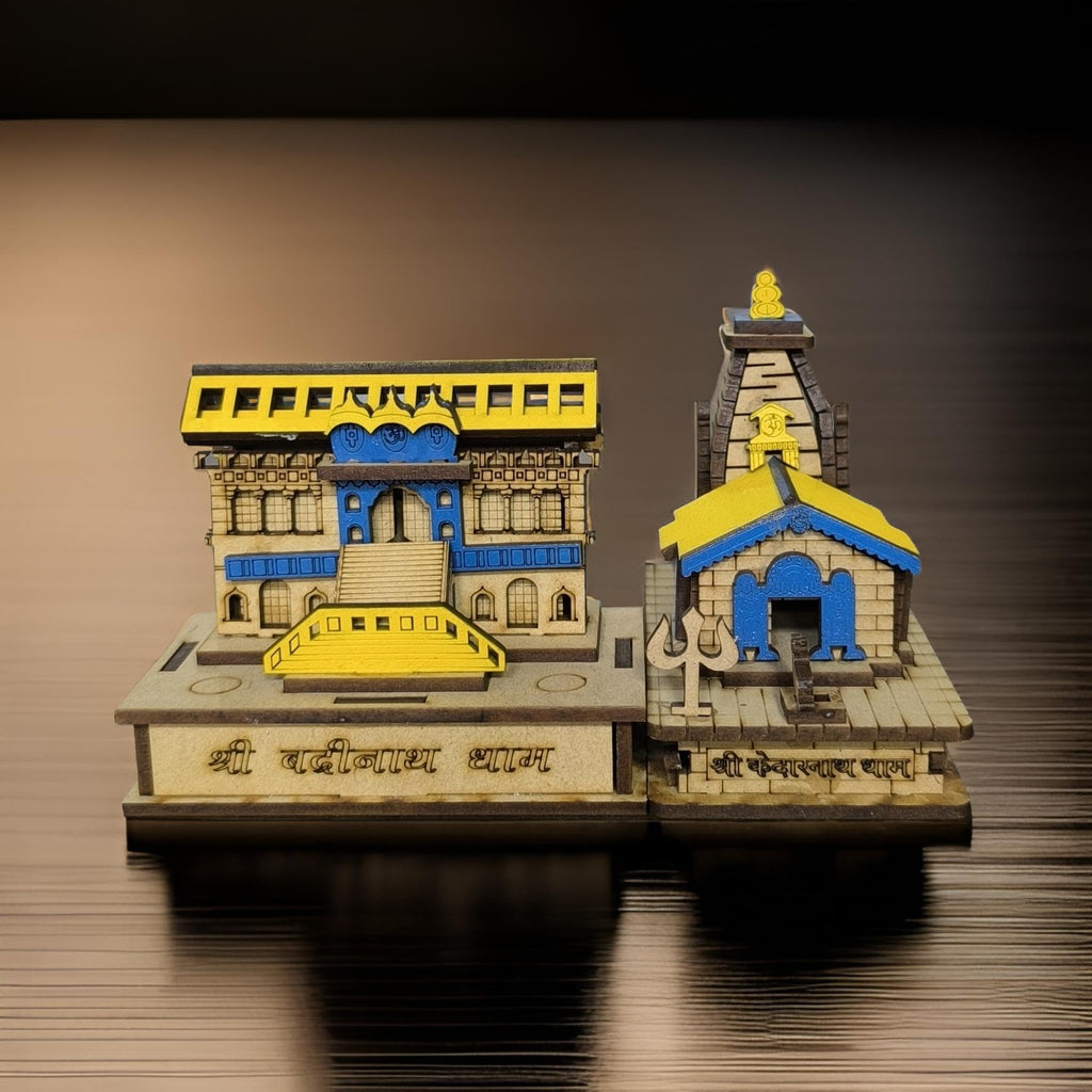 HaridwarDivine Beautiful Shree Kedarnath & Badrinath Dham Wooden Souvenir Temple MDF Pine Wood Decorative Showpiece for Temple, Gifting, Home Decor, Car Dashboard