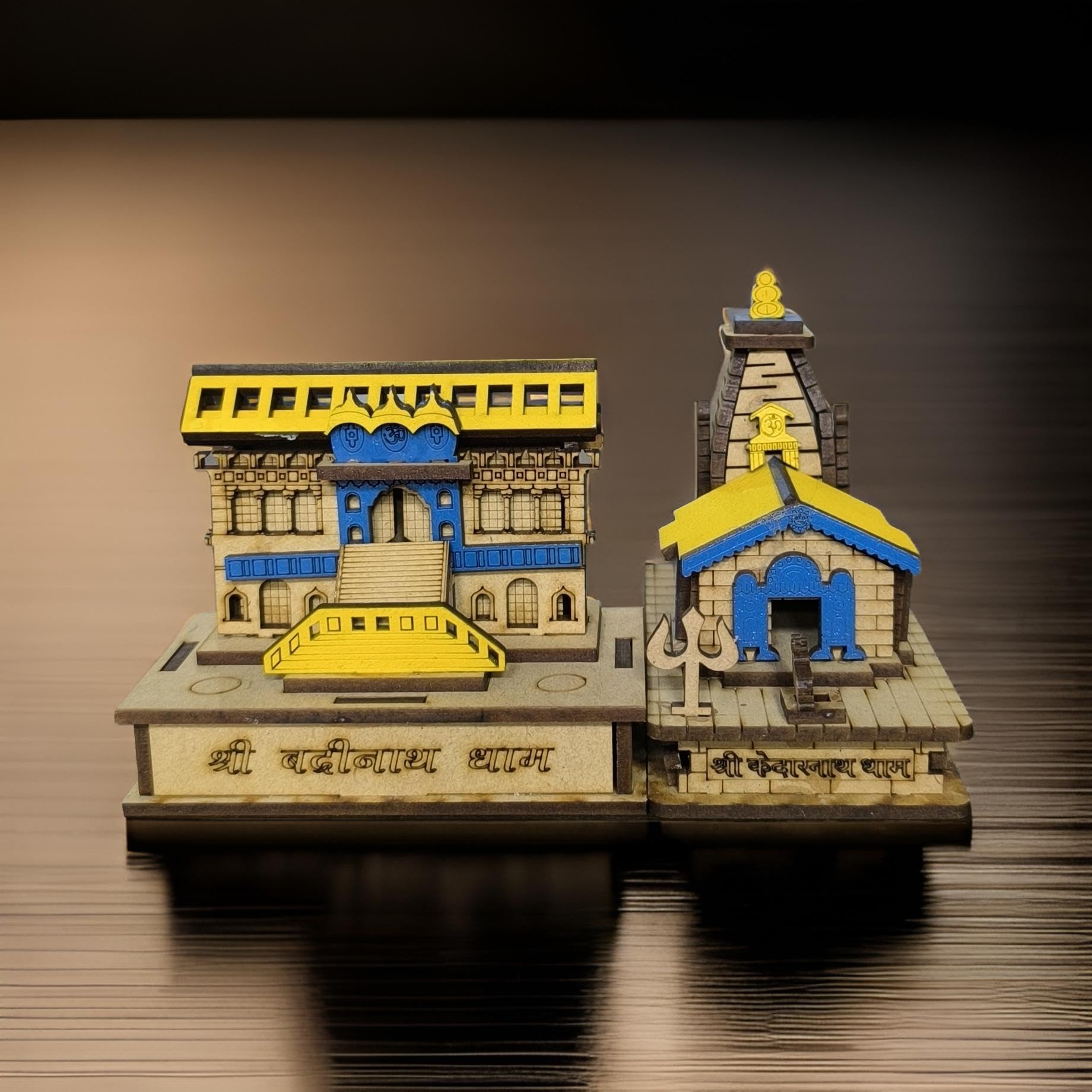 HaridwarDivine Beautiful Shree Kedarnath & Badrinath Dham Wooden Souvenir Temple MDF Pine Wood Decorative Showpiece for Temple, Gifting, Home Decor, Car Dashboard
