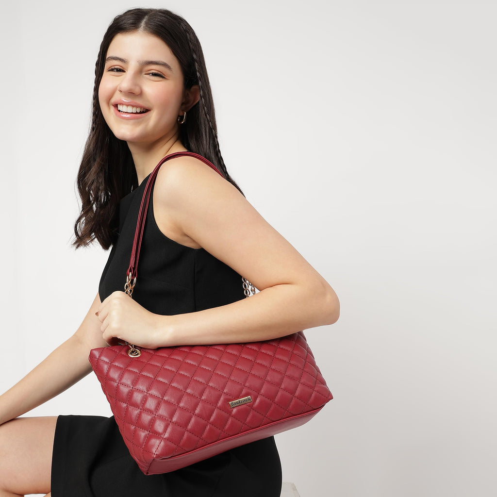 Fastrack PU Structured Quilted Tote Bag with Chain Shoulder Straps | Diamond Quilted Tote with Zipper Closure | Totes for Office & Daily Use | Ladies Purse Handbag