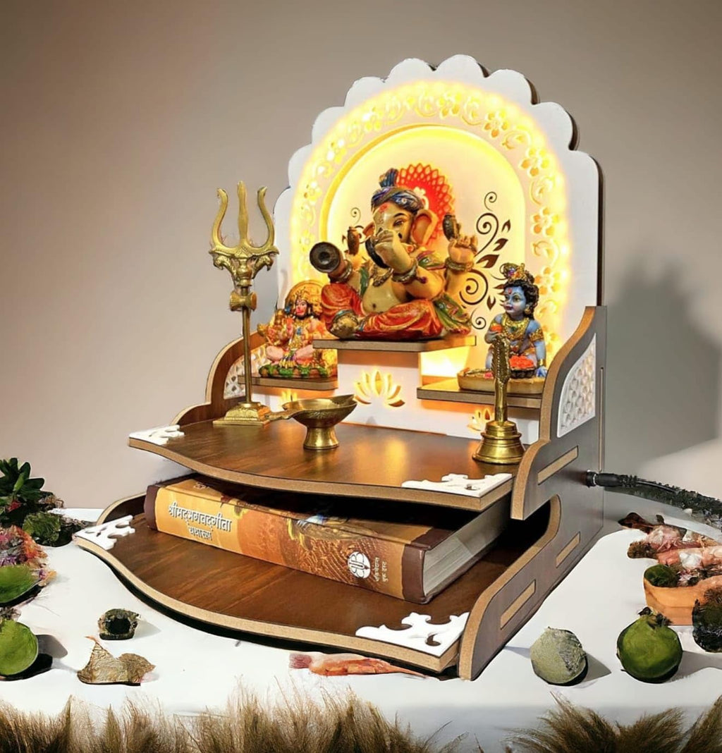 7CR Decorative Wooden Hindu Temple with OM Symbol - Compact Shelf Altar for Home Worship or Pooja Home Mandir with Shelf (Brown-Wood) Size-Width x Height:11.5 inch x 14 inch
