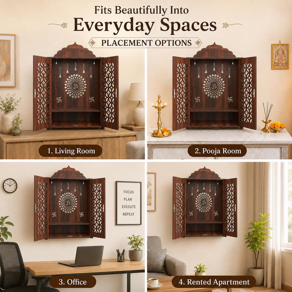 The Castle Decor Wooden Mandir for Home, Premium MDF Home Temple with Double Doors for Pooja Room, Wall Hanging & Tabletop Temple, Matte Finish, 16.5 x 24.5 x 10.5 Inch (Design 6)