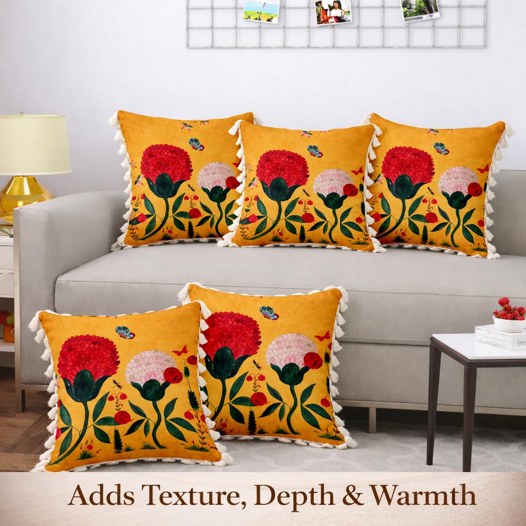 STITCHNEST 'Little Meadow Series' Tassled Cushion Cover | Set of 5 | Floral Cushion Cover 16 inch x 16 inch