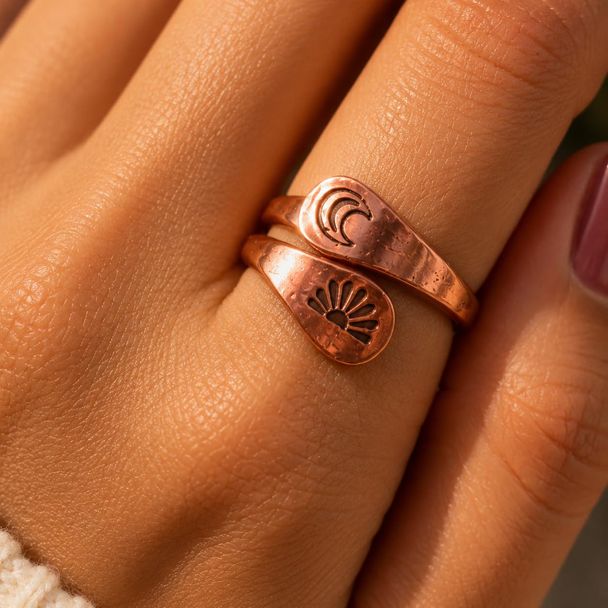 Wondrous Handmade Pure Copper Wrap Ring for Women | Adjustable Open Ring with Sun & Moon Design | Boho Minimalist Jewelry Gift