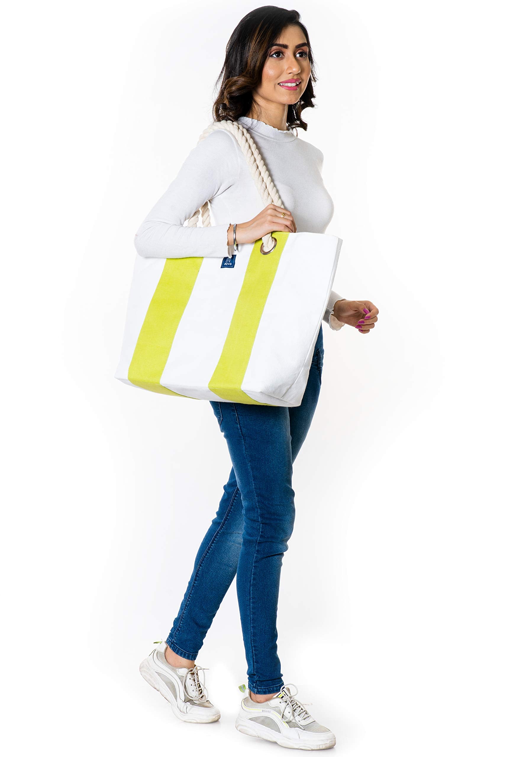 AQVA Women's Tote Bag With Zipper Pouch, Cotton Canvas Shoulder Bag With Rope Handles & Magnetic Button Closure, Utility Handbag For Travel, Work, Shopping, Office, College, Beach, White