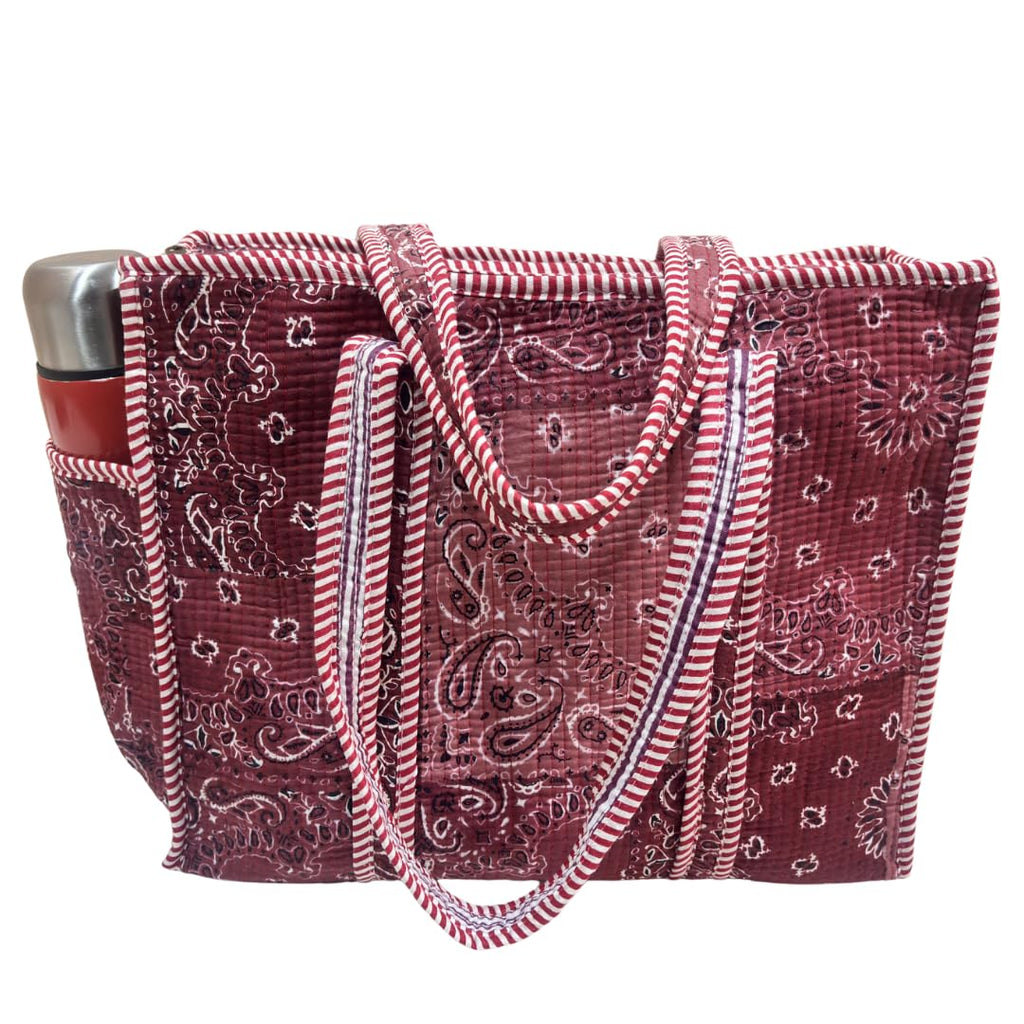 The House of RajPadmini Floral Quilted Cotton Shopping Tote Bag, 16x16 inches, Striped Trim, External Bottle Pocket (Shaded Maroon)
