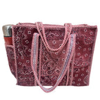 The House of RajPadmini Floral Quilted Cotton Shopping Tote Bag, 16x16 inches, Striped Trim, External Bottle Pocket (Shaded Maroon)