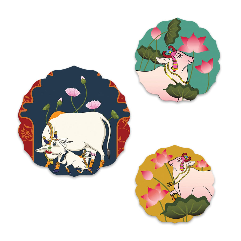 Artvibes Sacred Cow Pichwai Art Round Shape MDF Wooden Wall Decor Items | Living Room | Handcrafted Art | Wall Poster | Aesthetic Wooden Decor | Art Print | Unique Gift Items (WH_8814N), Set of 3