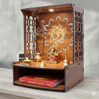 Royal Walnut Finish Wooden Pooja Mandir | Wall Mounted Home Temple with LED Lights & Spacious Storage | Premium Handcrafted Puja Unit (37.5 * 29 * 25 CM) (Large) A5