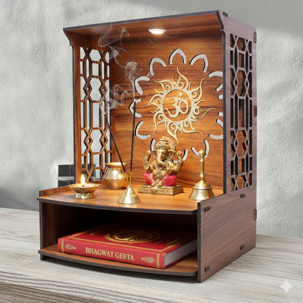 Royal Walnut Finish Wooden Pooja Mandir | Wall Mounted Home Temple with LED Lights & Spacious Storage | Premium Handcrafted Puja Unit (37.5 * 29 * 25 CM) (Large) A5