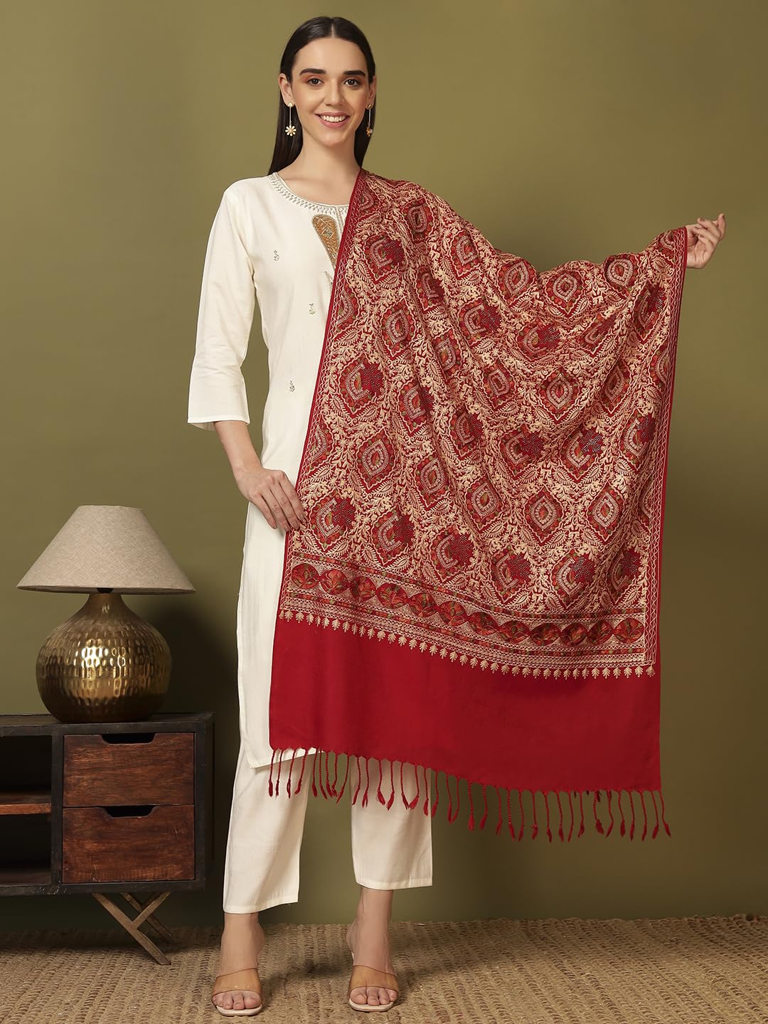 Pashmoda Women Ornate Harmony Fine Wool Nalki Embroidered Stole (Size : 28x80in, 71X203cm) EMST03