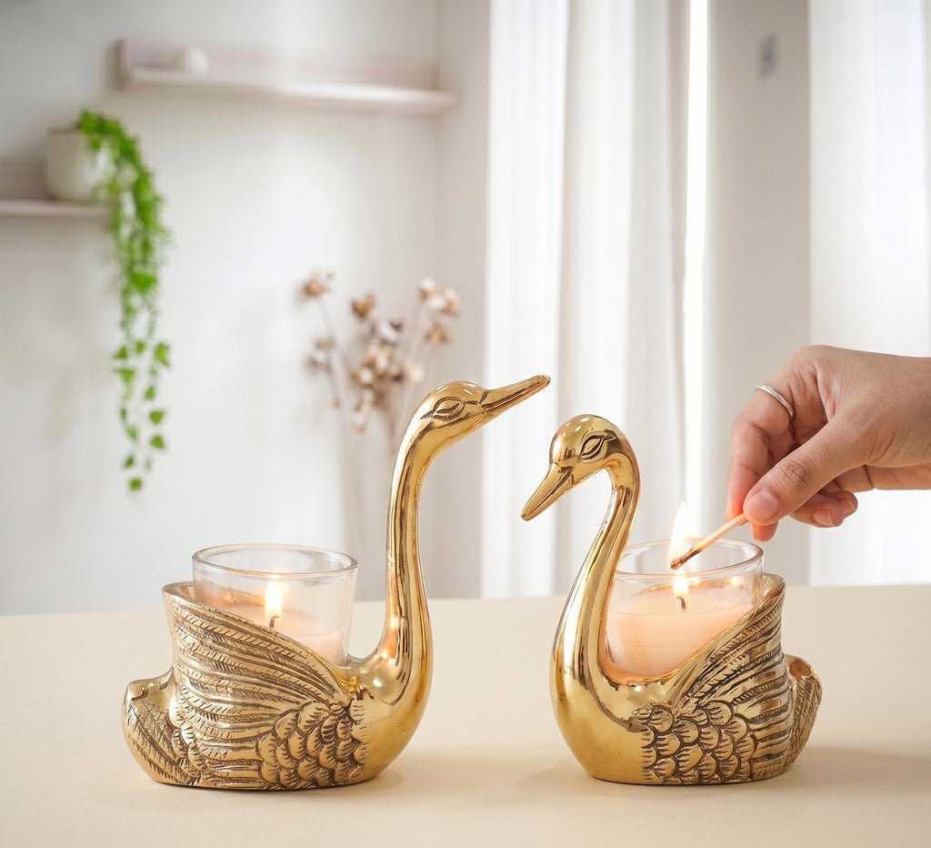 KridayKraft Antique Gold Aluminium Swan Tealight Candle Holders Set of 2 | Handcrafted Metal Bird Figurine Table Centerpiece for Living Room & Dining | Wedding, Housewarming