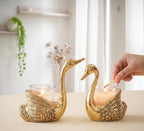 KridayKraft Antique Gold Aluminium Swan Tealight Candle Holders Set of 2 | Handcrafted Metal Bird Figurine Table Centerpiece for Living Room & Dining | Wedding, Housewarming