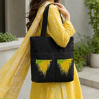Suryatra Amaltas Blossom Noir Canvas Tote Bag for Women & Men | Premium Cotton Canvas Shoulder Bag with Dual Front Pockets | Tote Bag for Office, College, Shopping & Travel | Black | 14 x 16 Inches