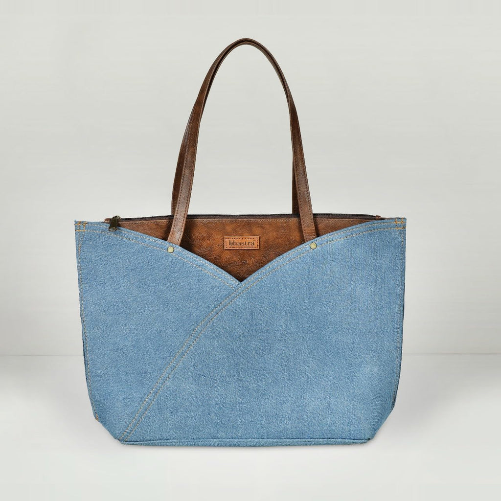 BHASTRA Classic Denim Tulip Tote Bag - Light Blue | 3 Compartment | Vegan Leather |Laptop|Tote Bags for Women For Office Use, Work | Ladies Stylish Shoulder Bag | Ethically Sourced-Ideal For Gifting
