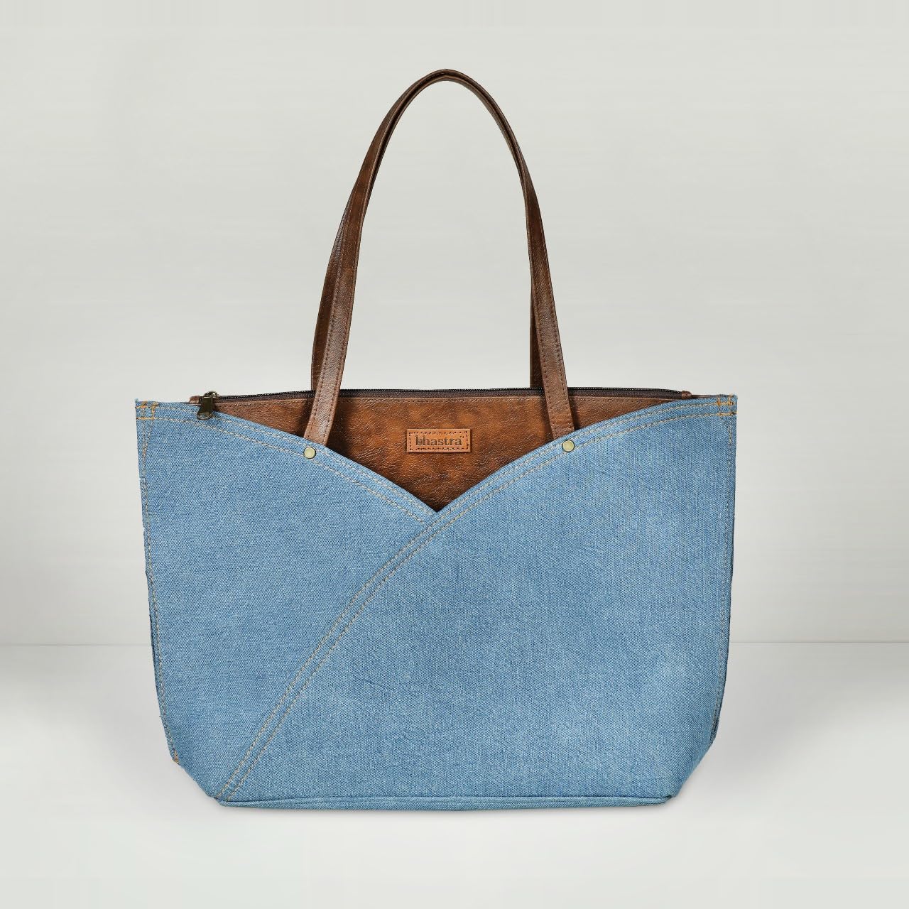 BHASTRA Classic Denim Tulip Tote Bag - Light Blue | 3 Compartment | Vegan Leather |Laptop|Tote Bags for Women For Office Use, Work | Ladies Stylish Shoulder Bag | Ethically Sourced-Ideal For Gifting