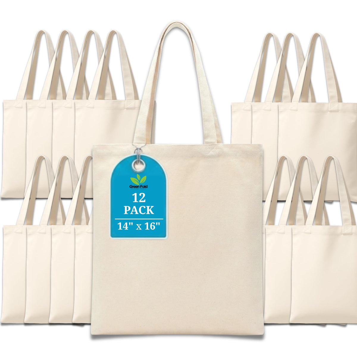 Greenfold 14x16 Inch (12 Pcs) Plain Canvas Tote Bag | 100% Organic Reusable 150 GSM Cotton Handbag for Shopping, Daily Use, Travel, Grocery, Gifting, Craft Diy, Painting, School, Office and Storage