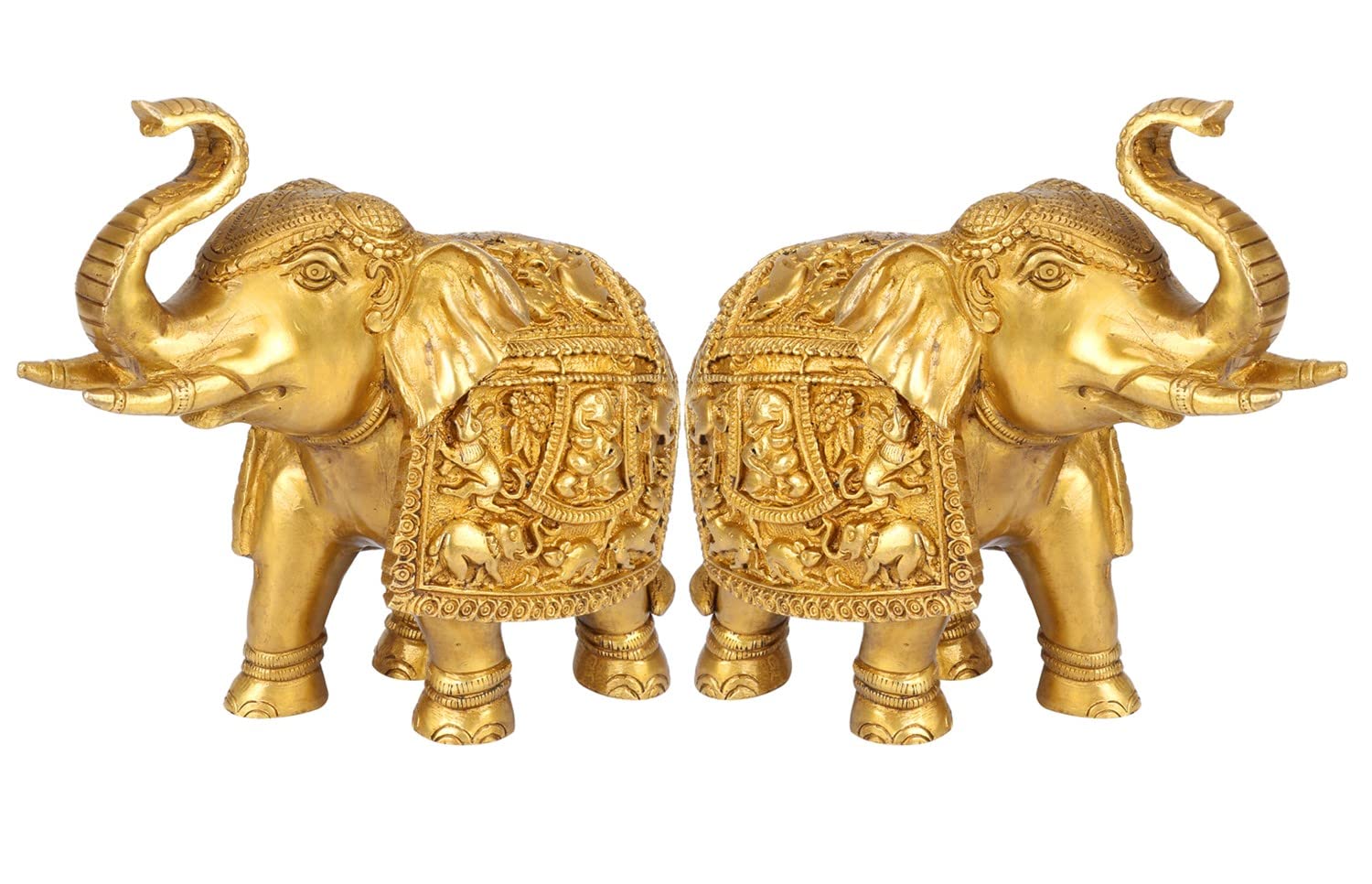 ARTVARKO Brass Elephant Pair (2 Pcs) Ganesha Carving on Elephant Lucky Figurine- Home Décor Gifts Item Gold Color (7 H,8.5 L, 6 Kg.)