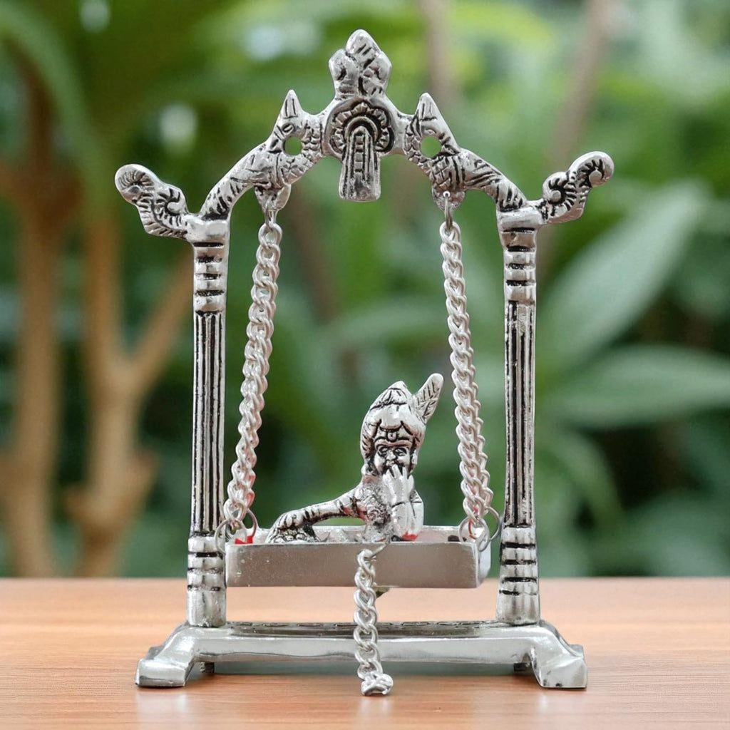 KridayKraft Laddu Gopal on Jhulla Palana Metal Statue Gold Plated Metal Krishna Murti Showpiece Religious Figurines Gift Article for Home and Office Table and Car Dashboard Decor