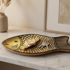 Zimittory Handpainted Fish Shape Wooden Serving Tray, Gold, 12 x 6 Inch