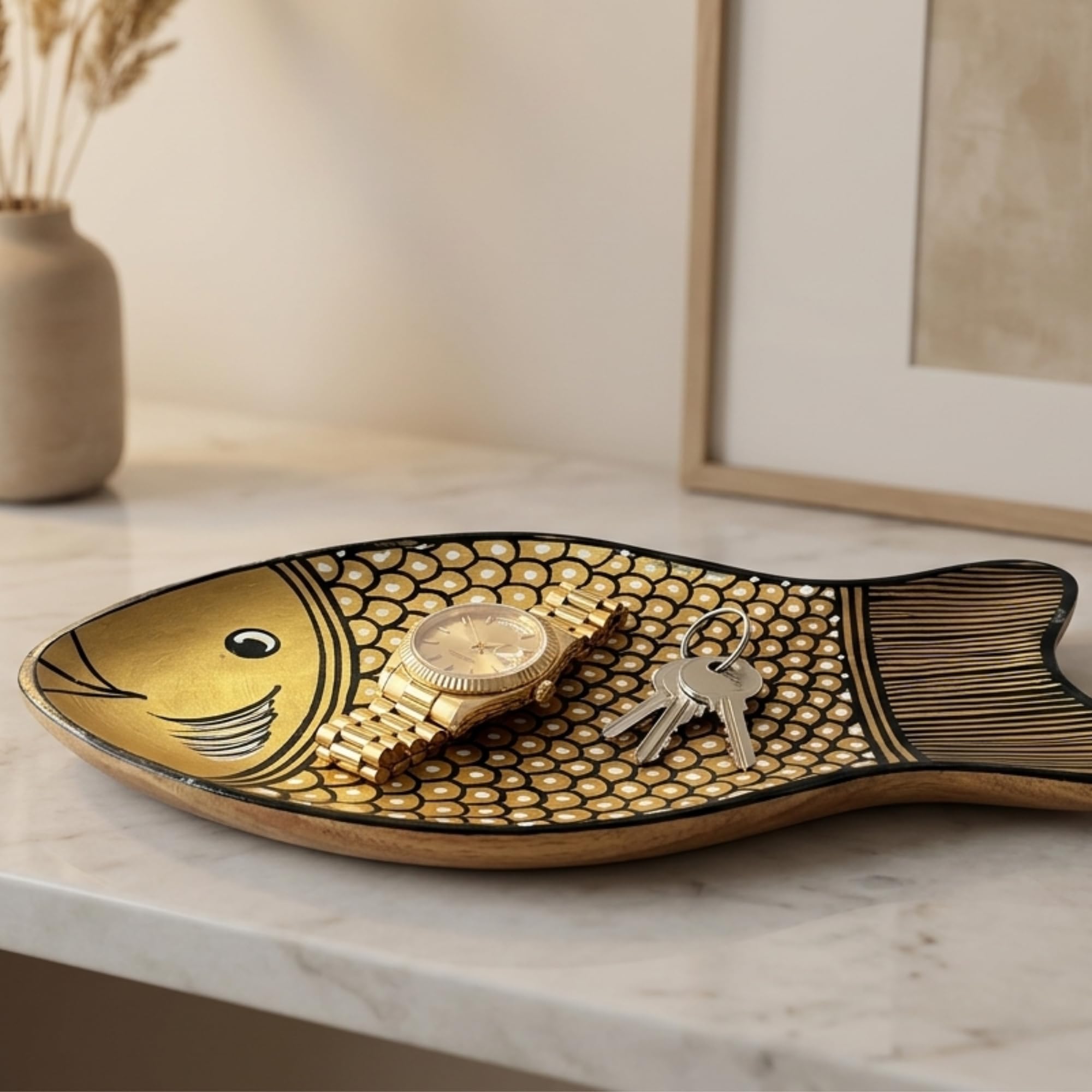 Zimittory Handpainted Fish Shape Wooden Serving Tray, Gold, 12 x 6 Inch