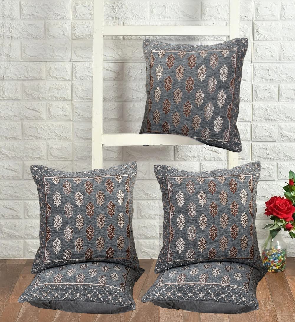 DECOMIZER Jacquard Geomteric Cushion Covers 24 Inch X 24 Inch Set Of 5 Ethnic Motifs Cushion Covers,Design- Ambi,Color- Grey, 240 TC