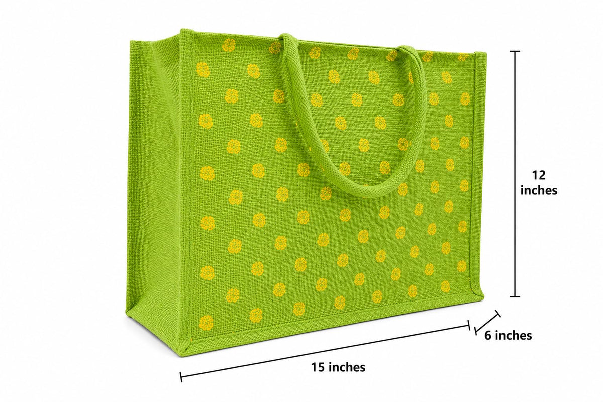 Srgaly Unisex-Adult Orange & Green & Yoga Printed Jute Bag for Lunch, Office, Grocery, Picnic, Tiffin, Shopping Hand Bag with Padded Cotton Handles - Pack of 3