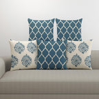 Trance Home Linen Set of 5 Premium100% Cotton 16X16 Inch Cushion Covers Only for Sofa and Diwan|Throw Pillow/Small Cushion Pillow Covers Only (16X16 Inch|40Cmx40Cm,Dori&Damask Blue) Set of 5,180 TC