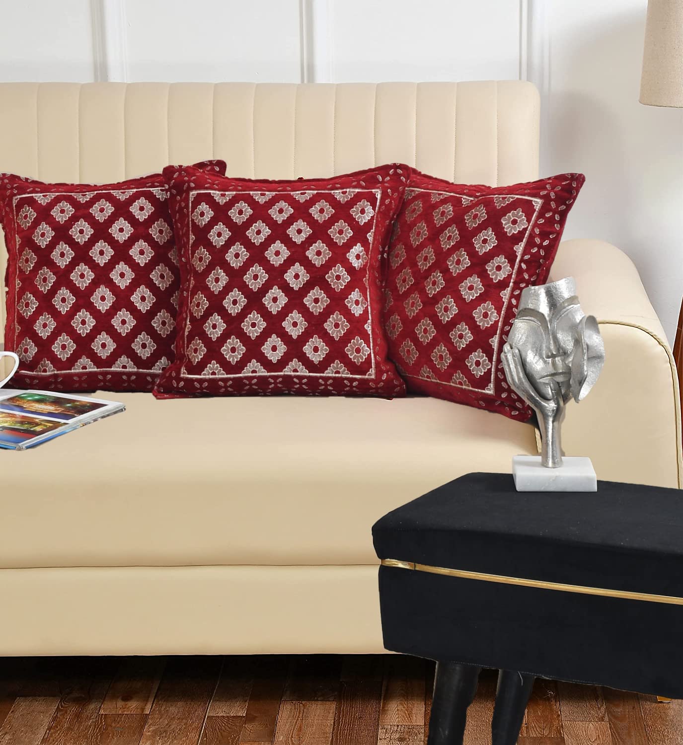 DECOMIZER Jacquard Geomteric Cushion Covers 16 Inch X 16 Inch Set Of 3 Ethnic Motifs 240 TC Cushion Covers,Design- Diamond,Color- Maroon
