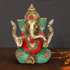ARTVARKO Ganesha Statue Idol Brass with Turquoise Taj Ganesh Idol Sculpture for Home Pooja Entrace Décor Good Luck Vastu Marriage Gift 7.5 Inch