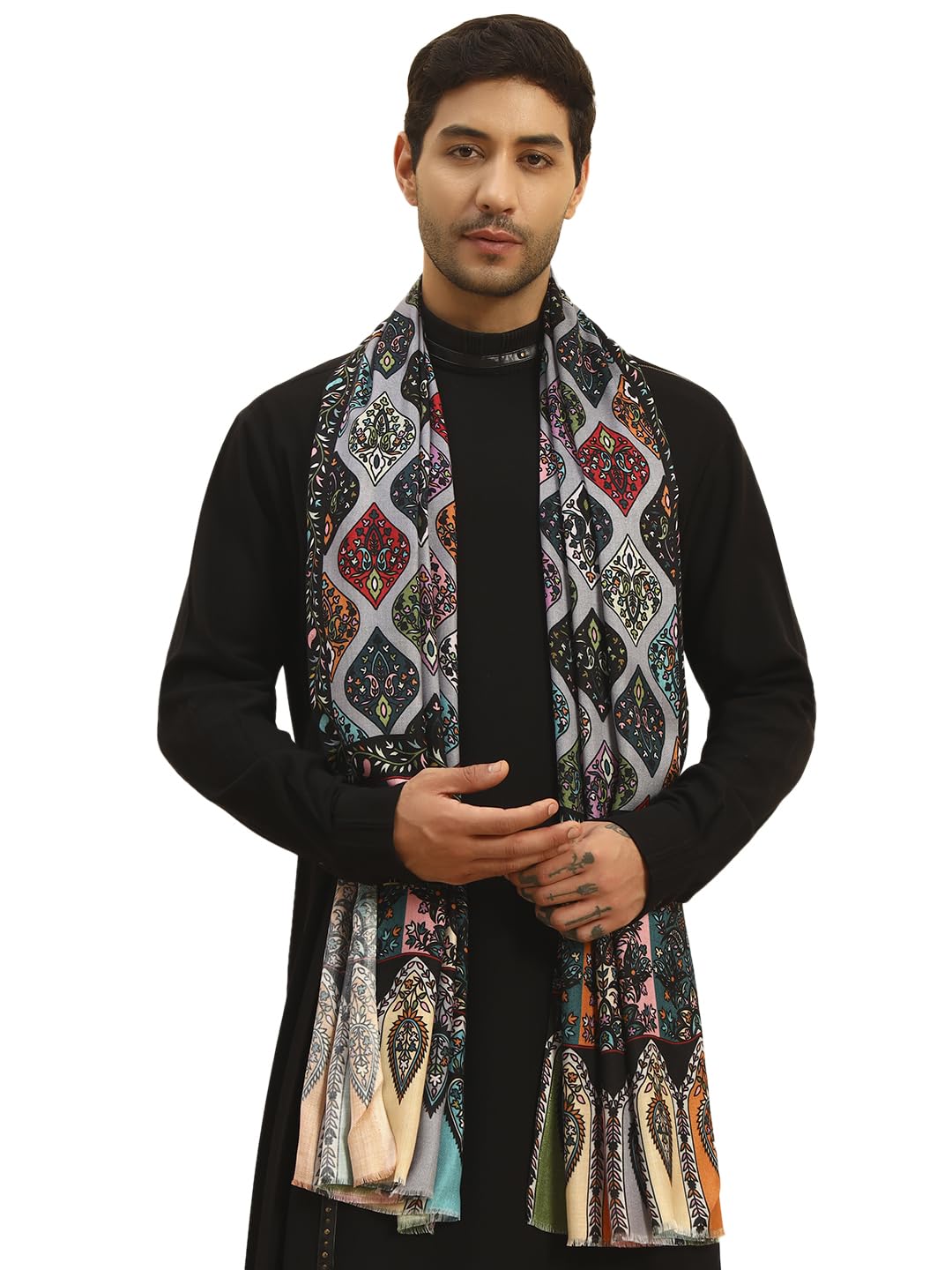 Pashmoda Men Floral Sonata Royal Fine Soft Bamboo Fibre Stole, Multicoloured Design, Evening Wrap, Luxury Pashmina Style Scarf, Wrap, Sustainable and Natural Fabric (Size 28x80, Dgrey colour) MISST32