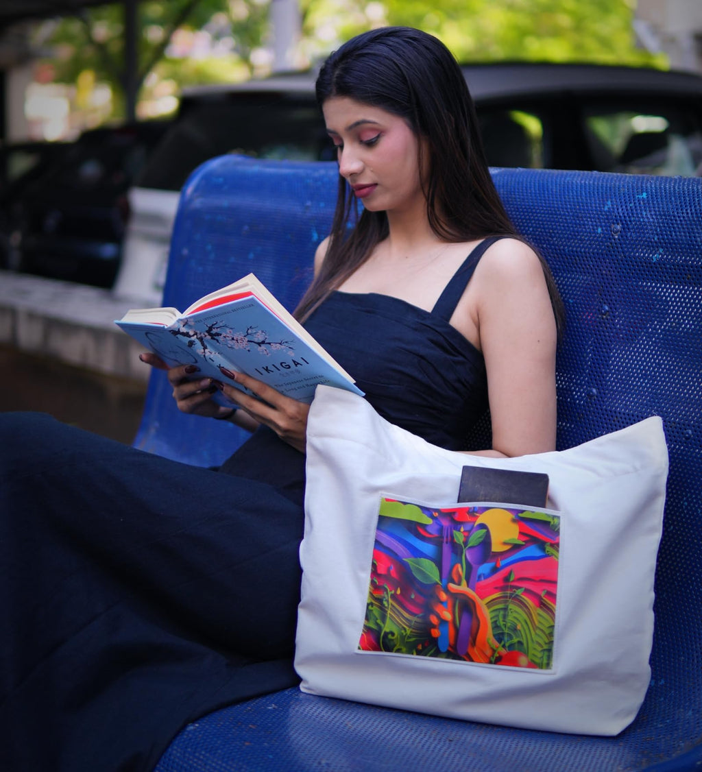 WOTM On The Move Tote | Premium Printed Cotton Canvas Tote Bag with Zipper & Inside Pocket, Stylish Everyday Travel Bag for Work, College, Office, Travel, Shopping (Eco Concious)