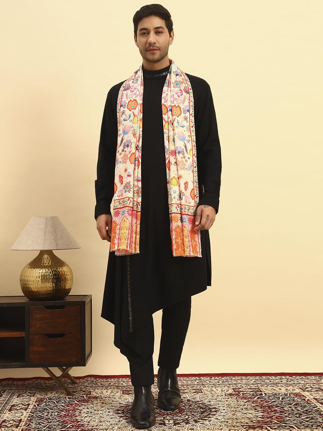 Pashmoda Men Royal Embers Fine Soft Bamboo Fibre Stole, Multicoloured Design, Evening Wrap, Luxury Pashmina Style Scarf, Wrap, Sustainable and Natural Fabric (Size 28x80, Cream colour) MISST33