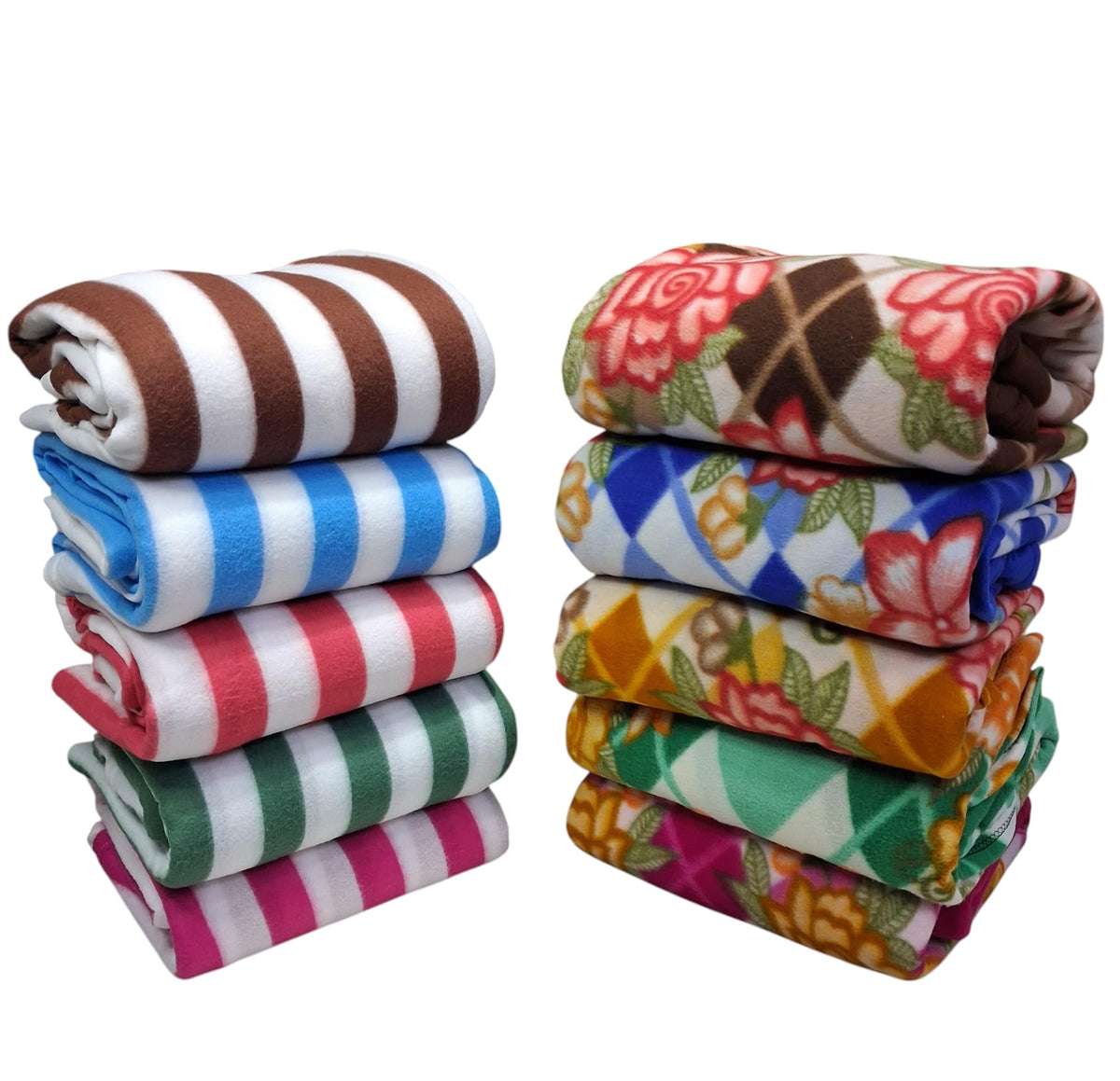 MAMRAJ Stylish Polar Fleece Single Bed Super Soft Micro Fleece Blanket - 58x88 Inch || Skin Friendly || Multicolour || Set of 10 || (5 Print + 5 Stripes) Kafalo
