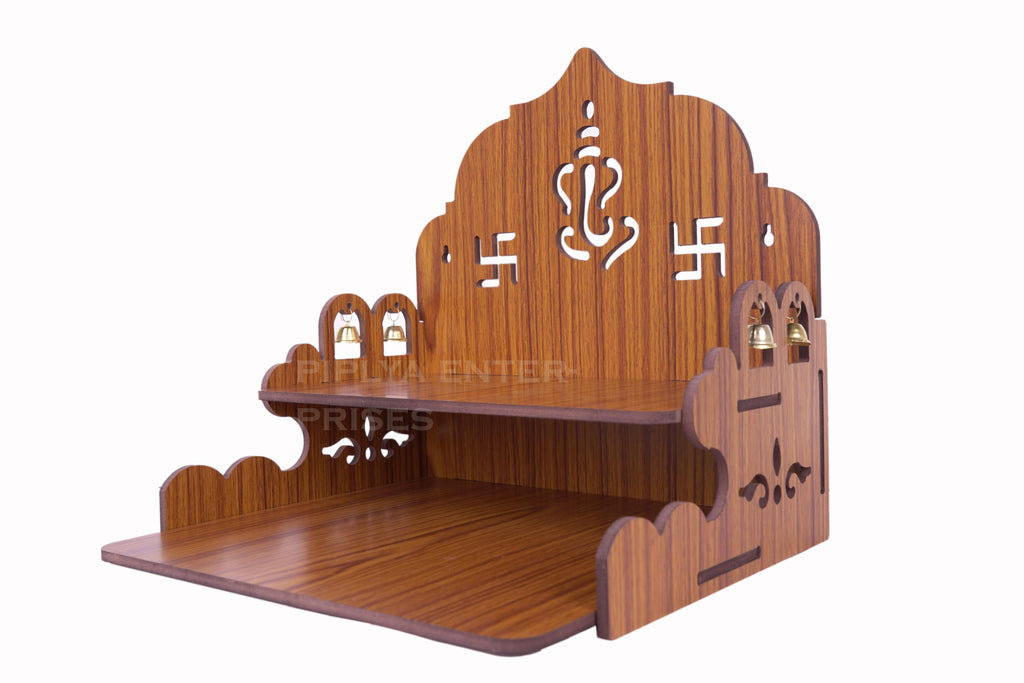 Wooden Temple for Home – Wall Mounted Pooja Mandir with Saathiya & Ganesh Ji Bell Design | Compact Wooden Temple for Office & Home (Light Brown, L-11.25 x W-10.25 x H-11.25 Inch)