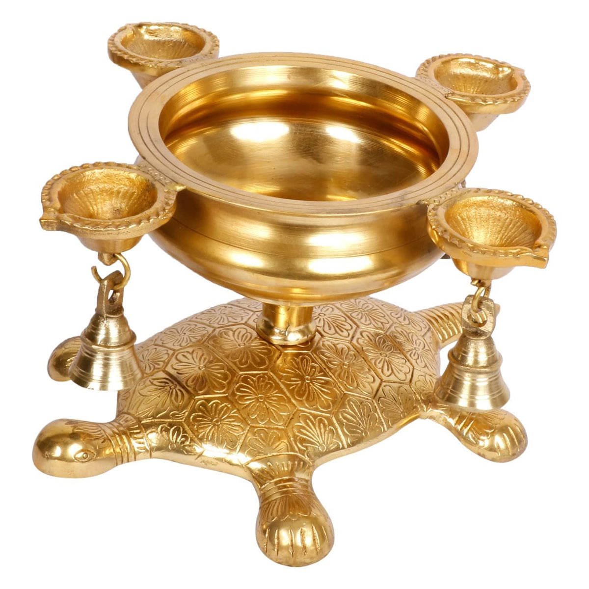 Svarup Brass Oil Lamp Diya with Urli on Tortoise: Ideal for Temple Decor, Kapoor/Kapur Burner, and Table Decoration