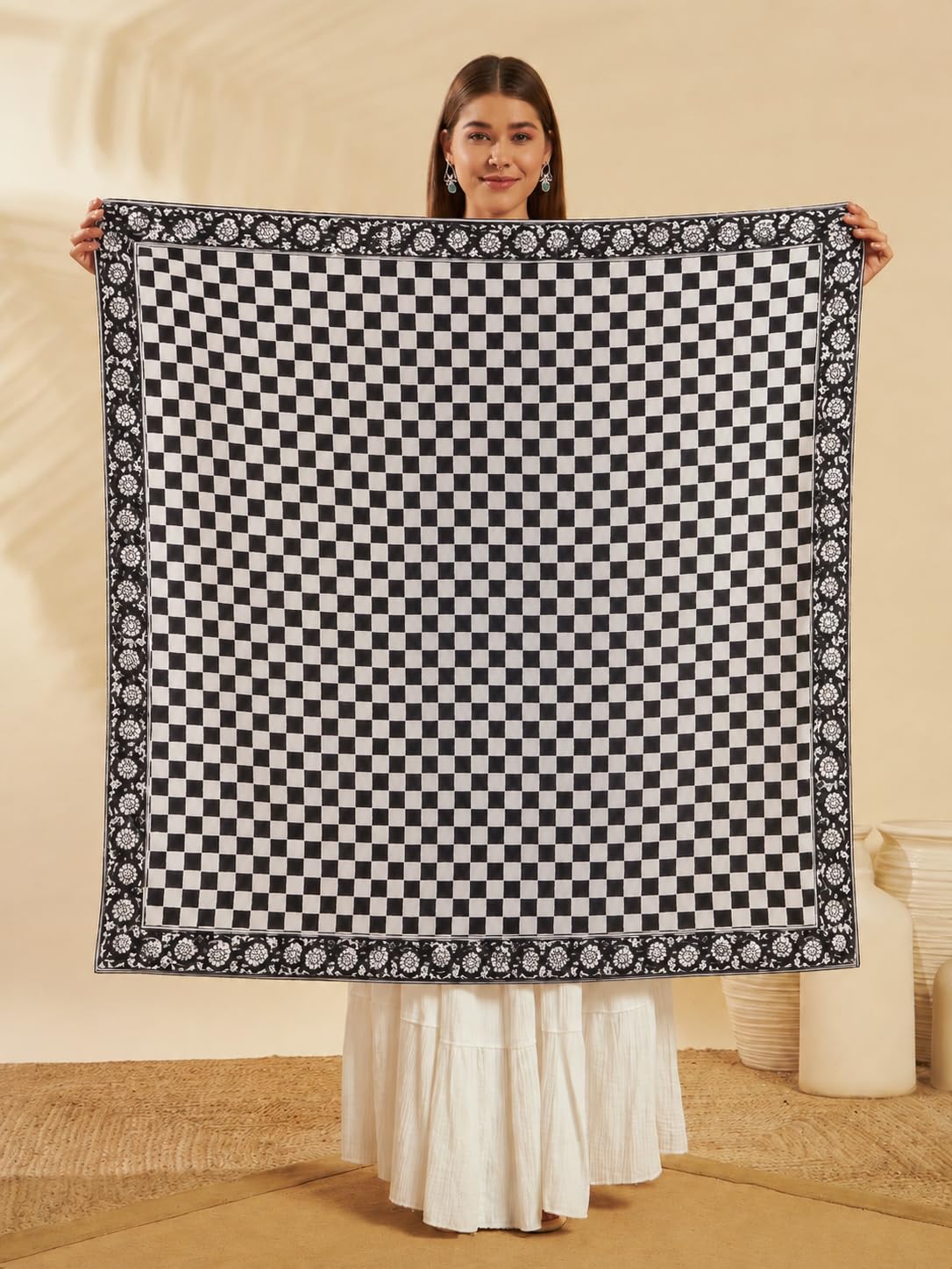 Ravaiyaa - Attitude is everything Sanganer Hand Block Printed Scarves Pure Cotton Scarf Square Hijab Dupatta 40 X 40 Inch (Black & White Checked)