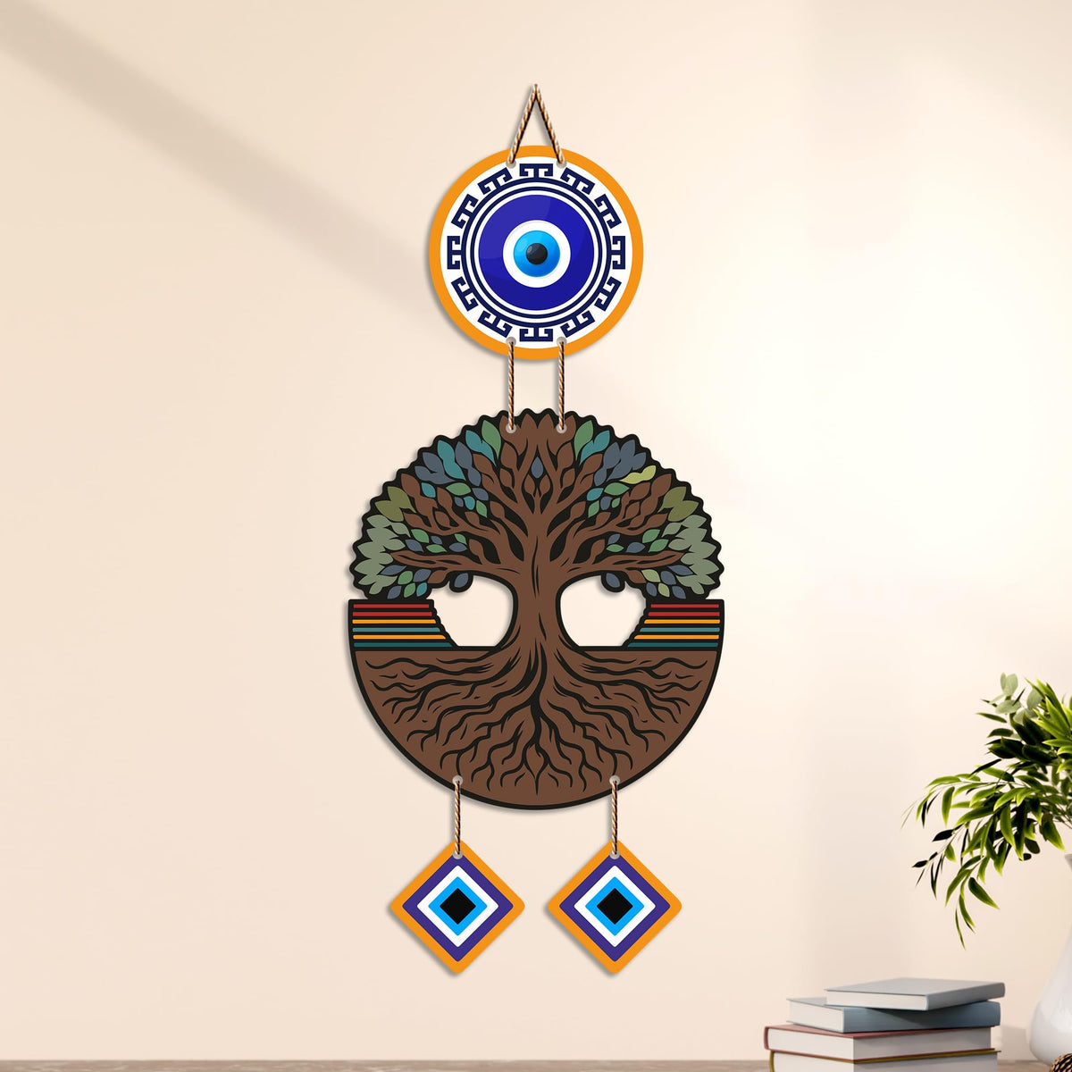 Artvibes Wooden Style Tree of Life Evil Eye Wall Decor for Main Door Entrance | Nazar Suraksha Hanging for Home Office Living Room | Good Luck Decorative Gift (WH_85123N)