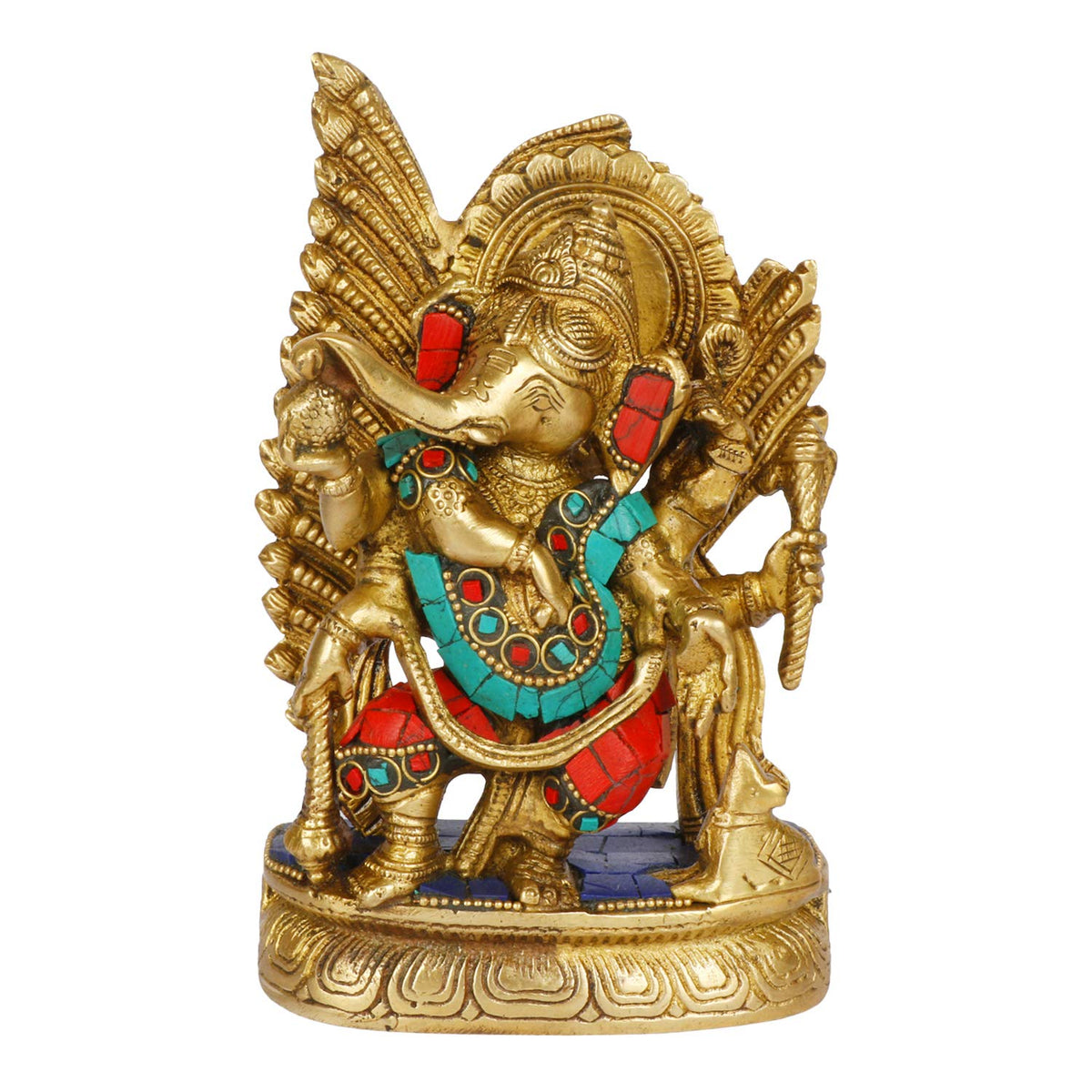 ARTVARKO Brass Lord Ganesha Idol Statue God Ganesh Ganpati Statue Sitting Idol Sculpture in Multicolor Stone Work 6.5 Inches