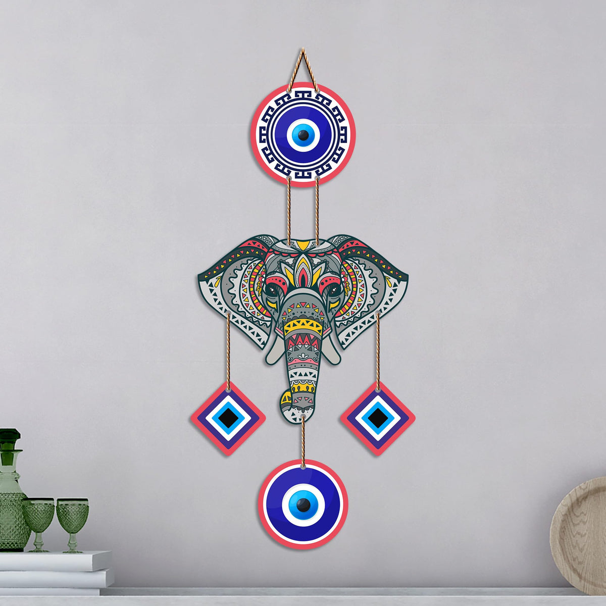 Artvibes Mandala Elephant Evil Eye Wall Hanging for Home Entrance | Nazar Battu MDF Wall Decor | Vastu Inspired Decorative Art for Living Room | Office & Main Door | Housewarming Gift (WH_8551N)