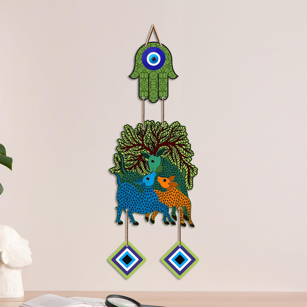 Artvibes Tree of Life Deer Family Evil Eye Wall Hanging Decor | Nature Inspired Nazar Battu Protection Ornament | Rustic Spiritual Accent for Home Entrance | Living Room | Gift Item (WH_85146N)