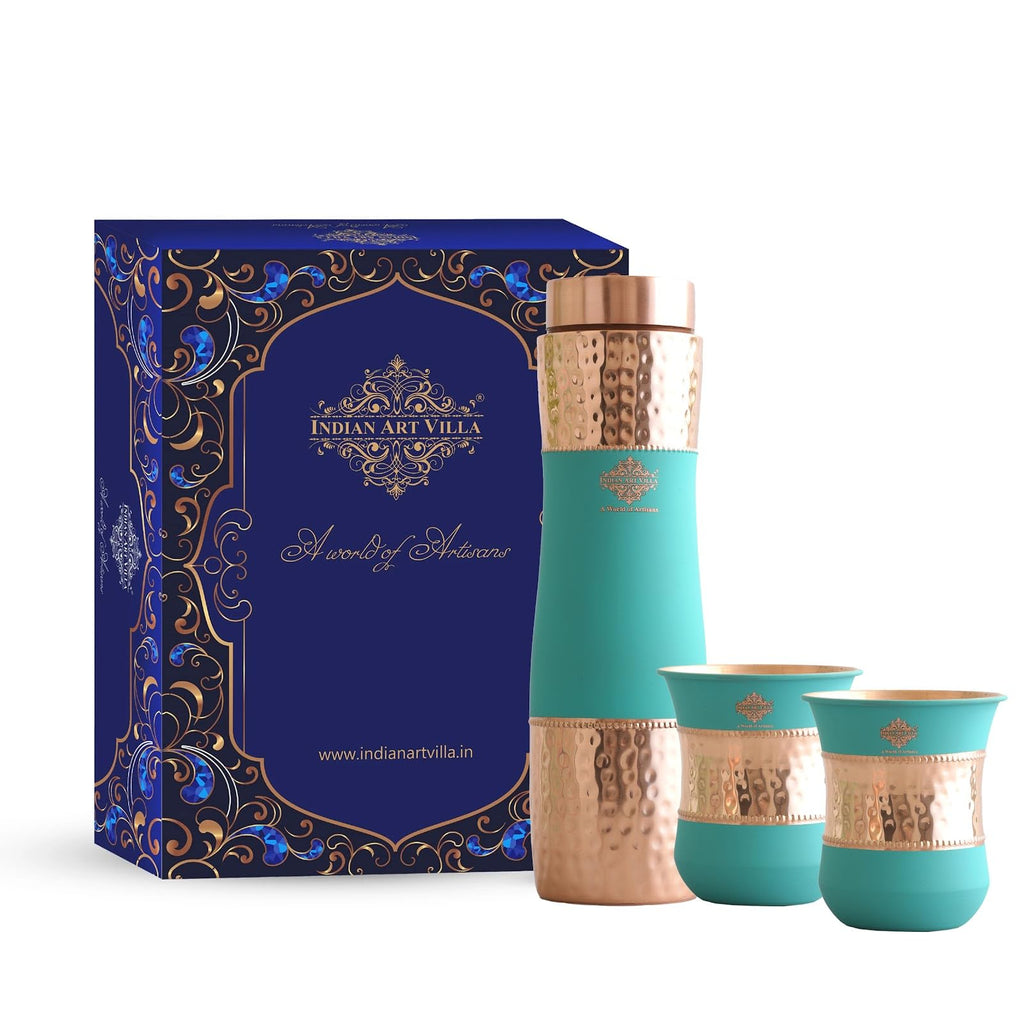 INDIAN ART VILLA Copper Drinkware Set - Pure Copper Water Bottle (1000 ML) & 2 Glasses (320 ML) in Turquoise Silk Finish, Perfect for Home, Office, Diwali, and Wedding Gifts